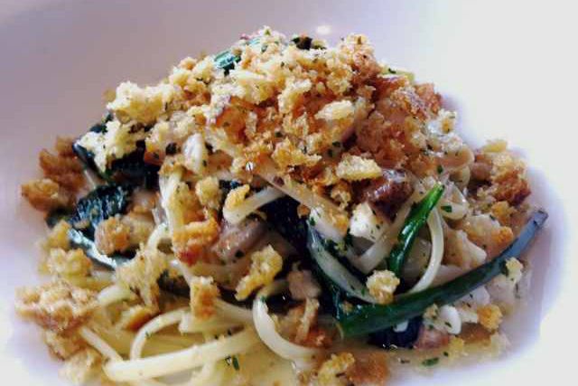 The linguine all vongole, with clams, pancetta, ramps and bread crumbs at Lincoln